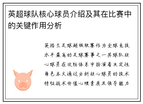 英超球队核心球员介绍及其在比赛中的关键作用分析