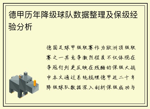 德甲历年降级球队数据整理及保级经验分析